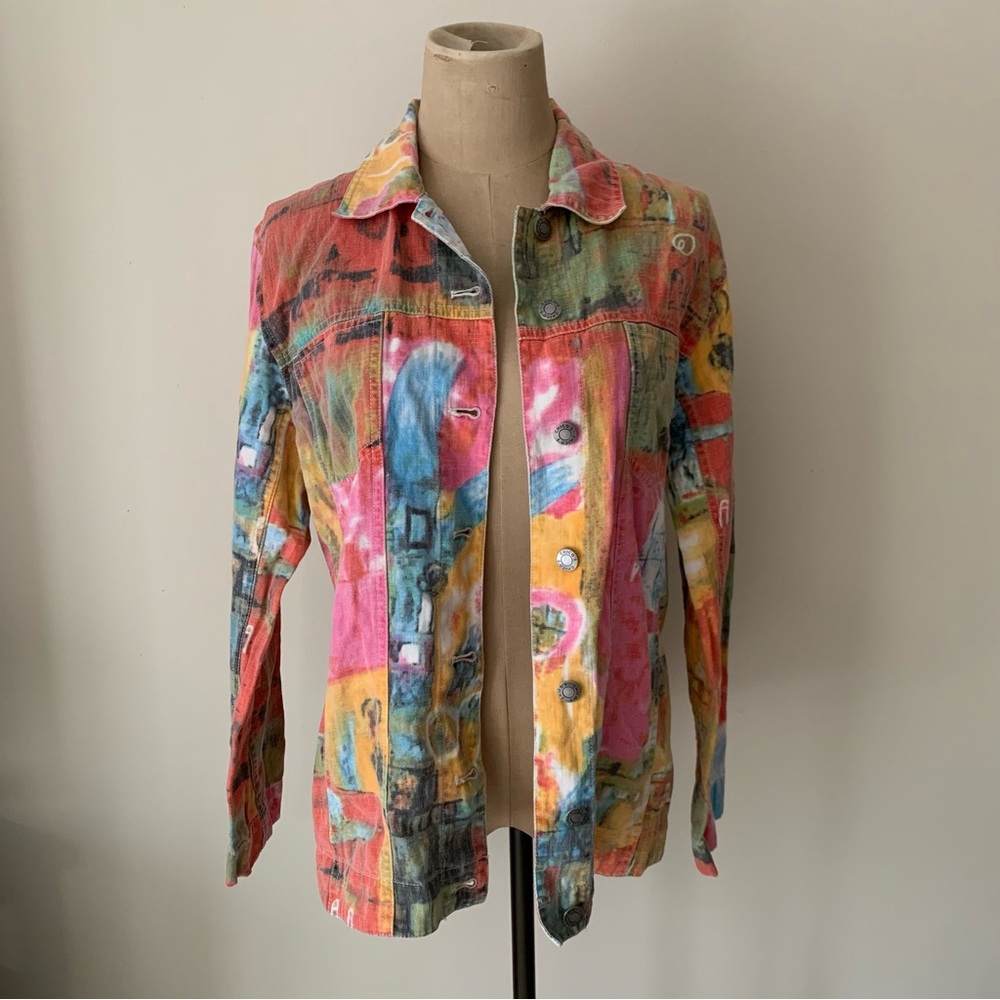 Chico's Pastel Linen Blend Jean Jacket in Colorful Abstract Art Print